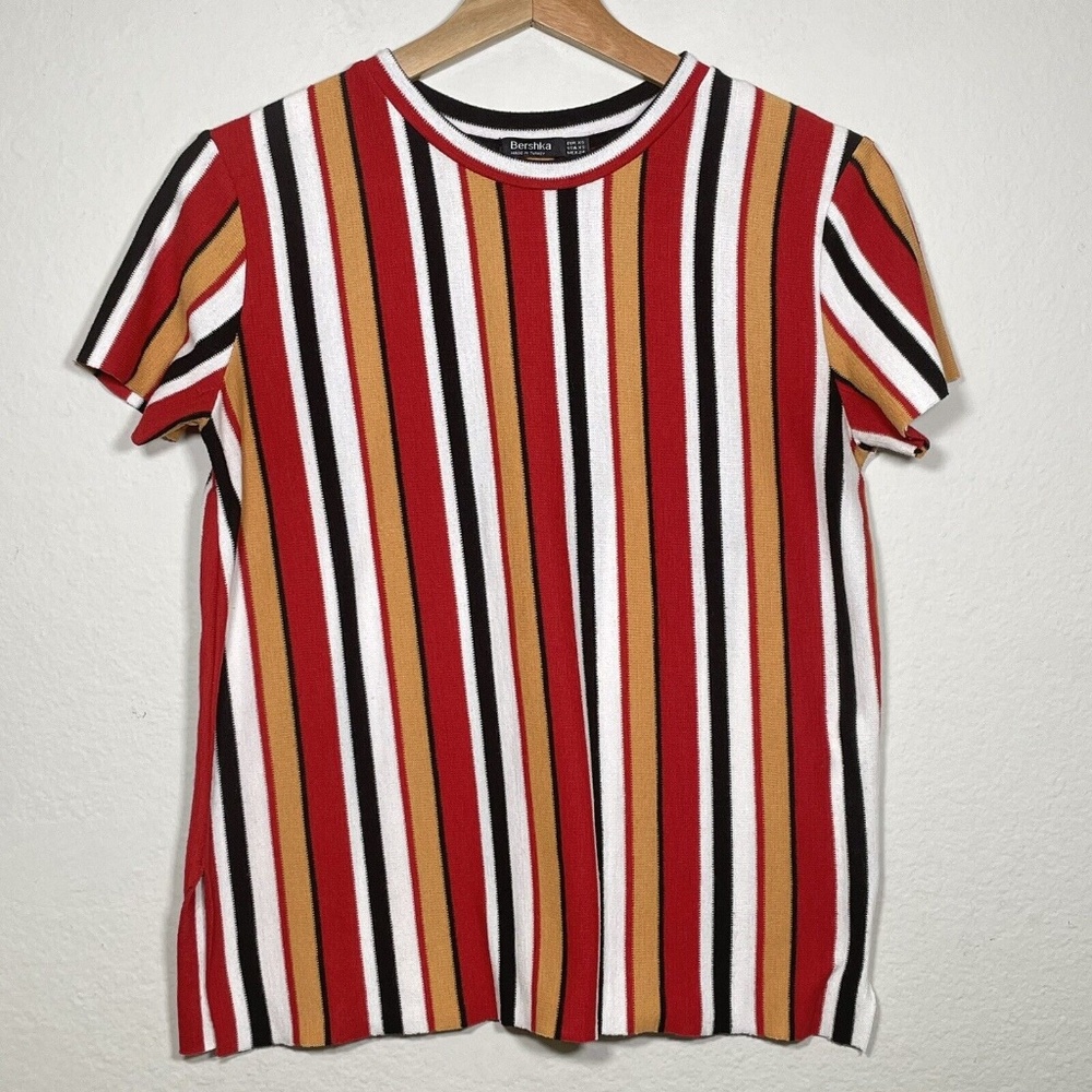Bershka Rib Knit Striped Short Sleeve Cropped T Shirt Women Size X Small